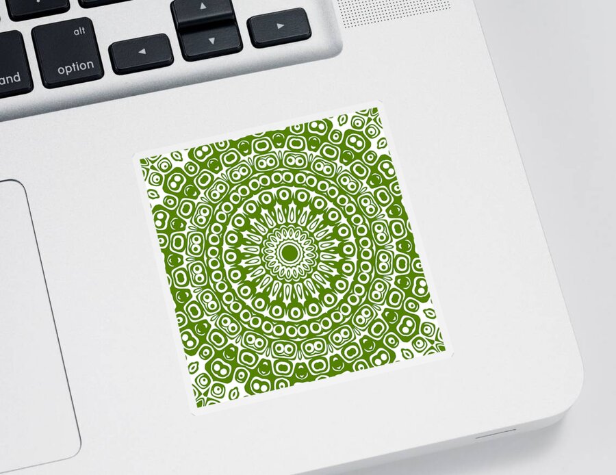 Avocado Sticker featuring the digital art Avocado Green on White Mandala Kaleidoscope Medallion Flower by Mercury McCutcheon