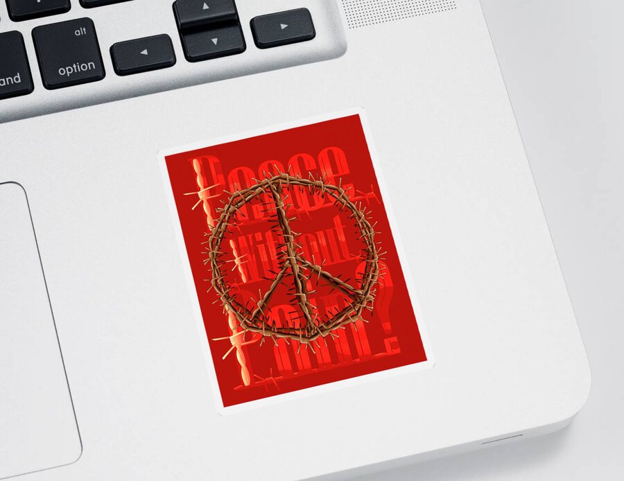 Peace Sticker featuring the drawing Barbed Wire Peace - PEACE without Pain Red by Joan Stratton