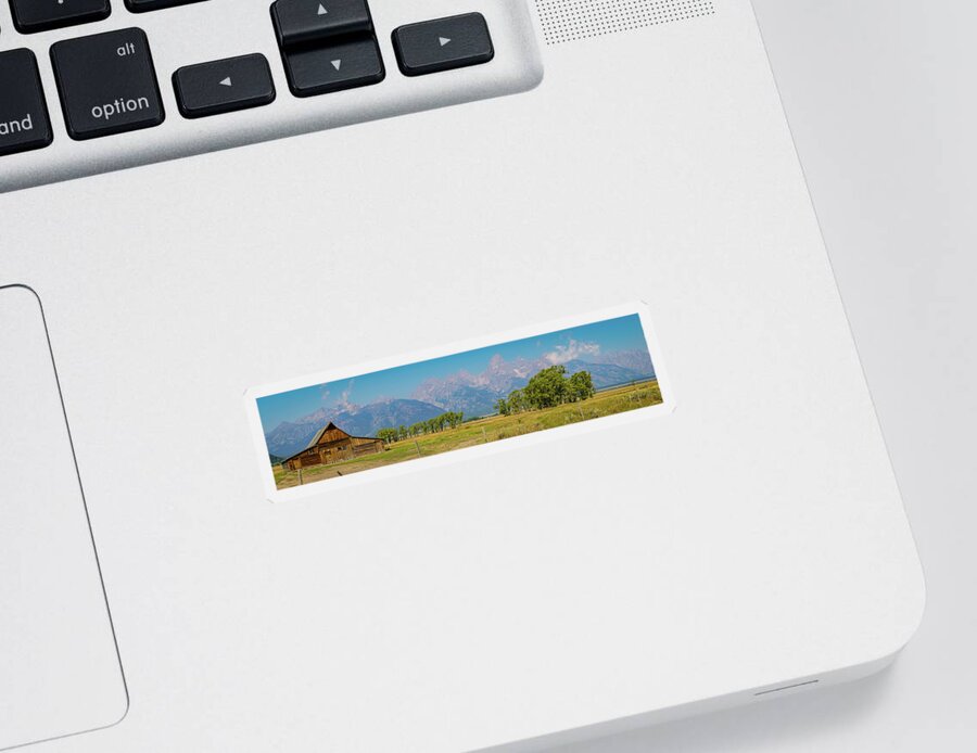 Banner Sticker featuring the photograph barn with the Teton Mountain Range in background by Ann Moore