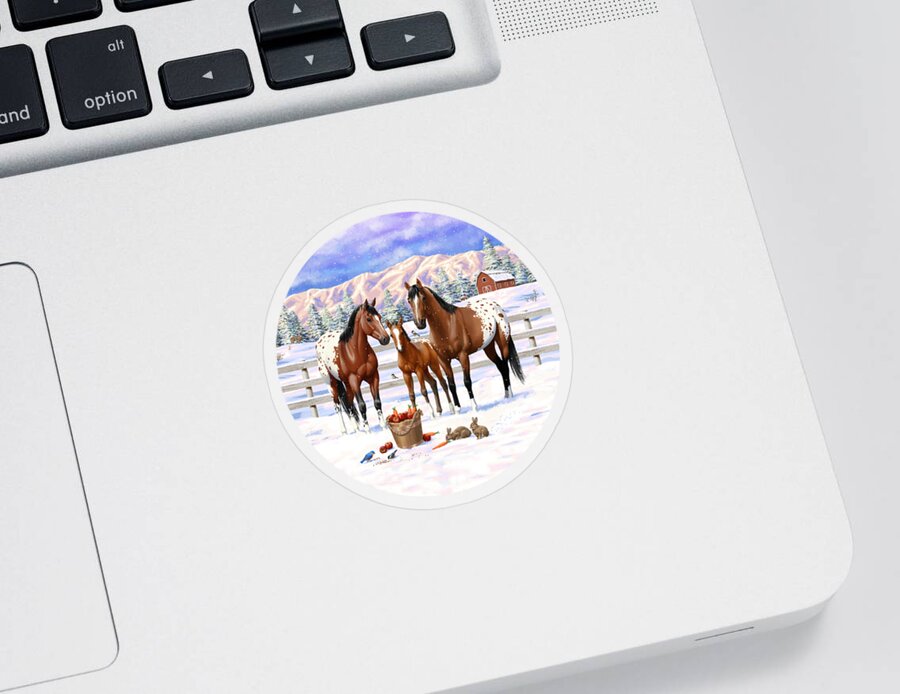 Horses Sticker featuring the painting Bay Appaloosa Horses In Snow by Crista Forest