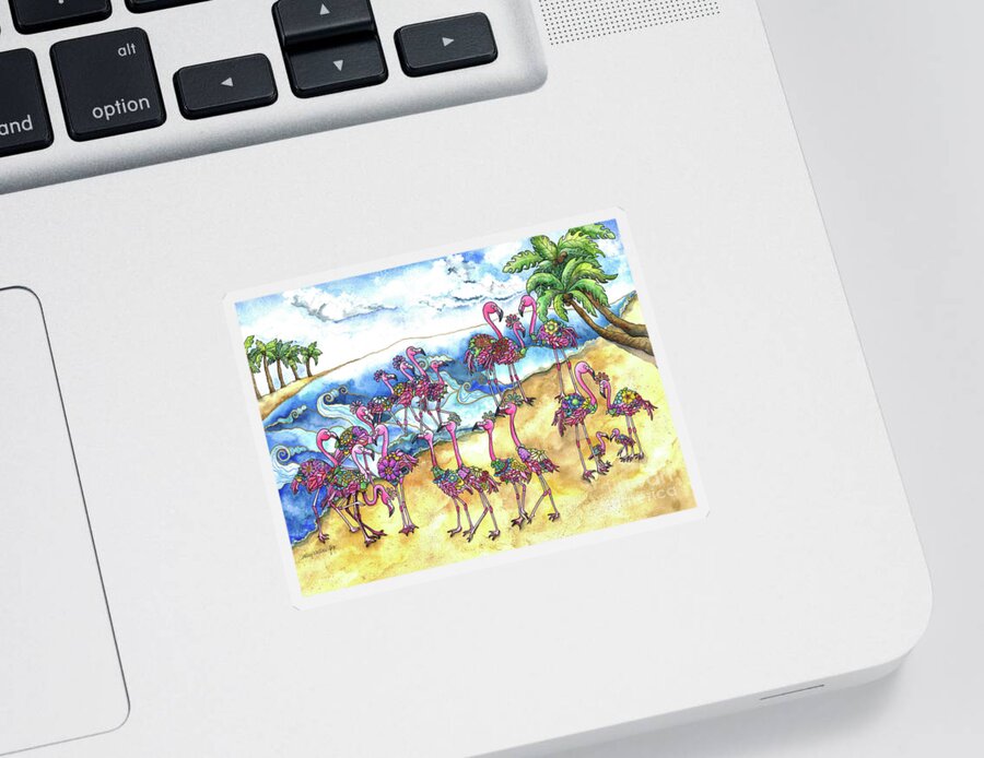 Watercolor Sticker featuring the painting Beach Day for a Flamboyance of Flamingos by Shelley Wallace Ylst
