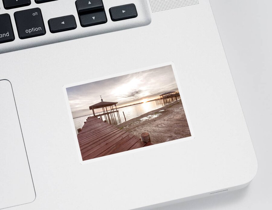Clouds Sticker featuring the photograph Beachhouse Sunset Dock by Debra and Dave Vanderlaan