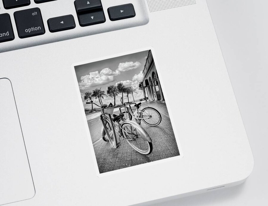 Black Sticker featuring the photograph Bicycles at the Beach Casino Black and White by Debra and Dave Vanderlaan