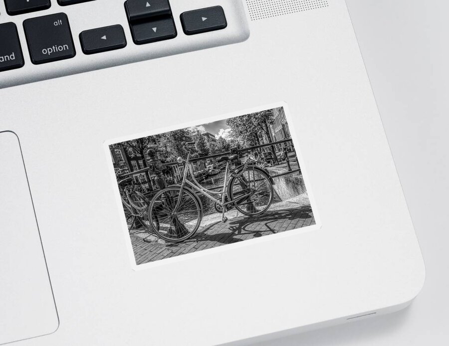 Boats Sticker featuring the photograph Bicycles on the Canals in Black and White by Debra and Dave Vanderlaan