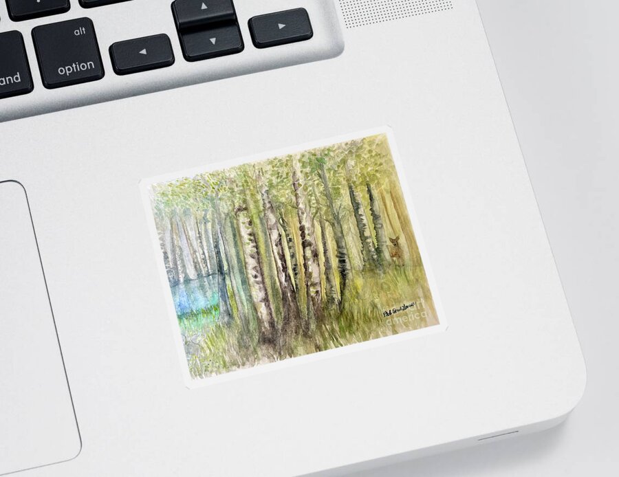 Birch Trees Sticker featuring the painting Birch Forest Visitor by Deb Stroh-Larson
