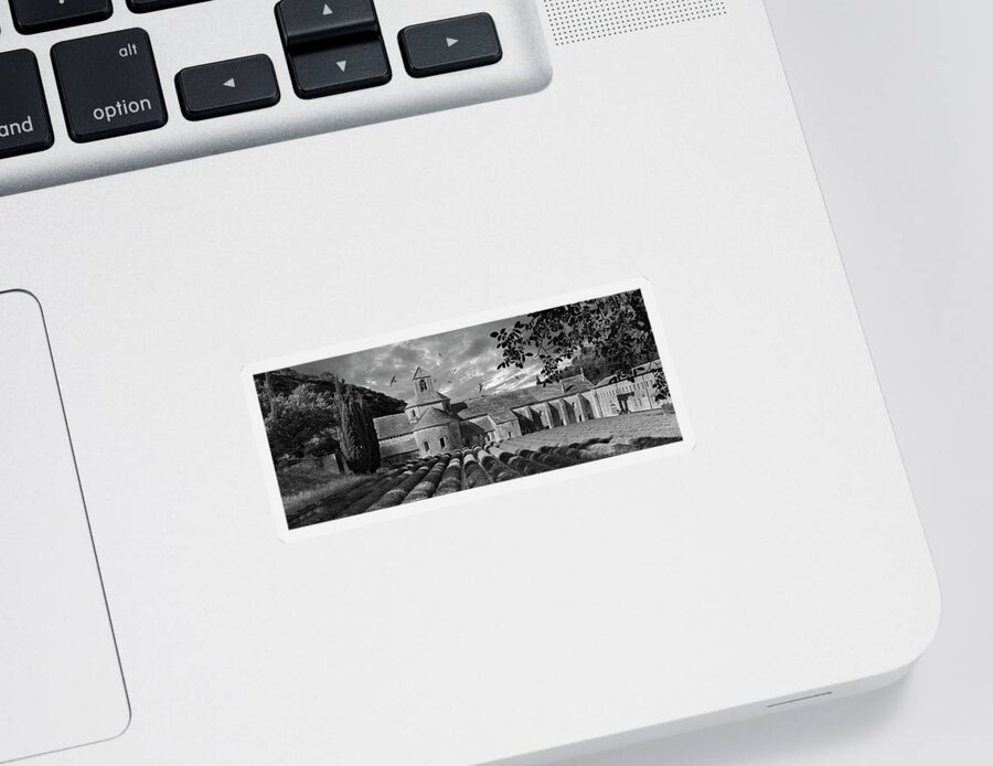 Senanque Abbey Sticker featuring the photograph Sacred Stone - Black and white photo of the Romanesque Senanque Abbey by Paul E Williams