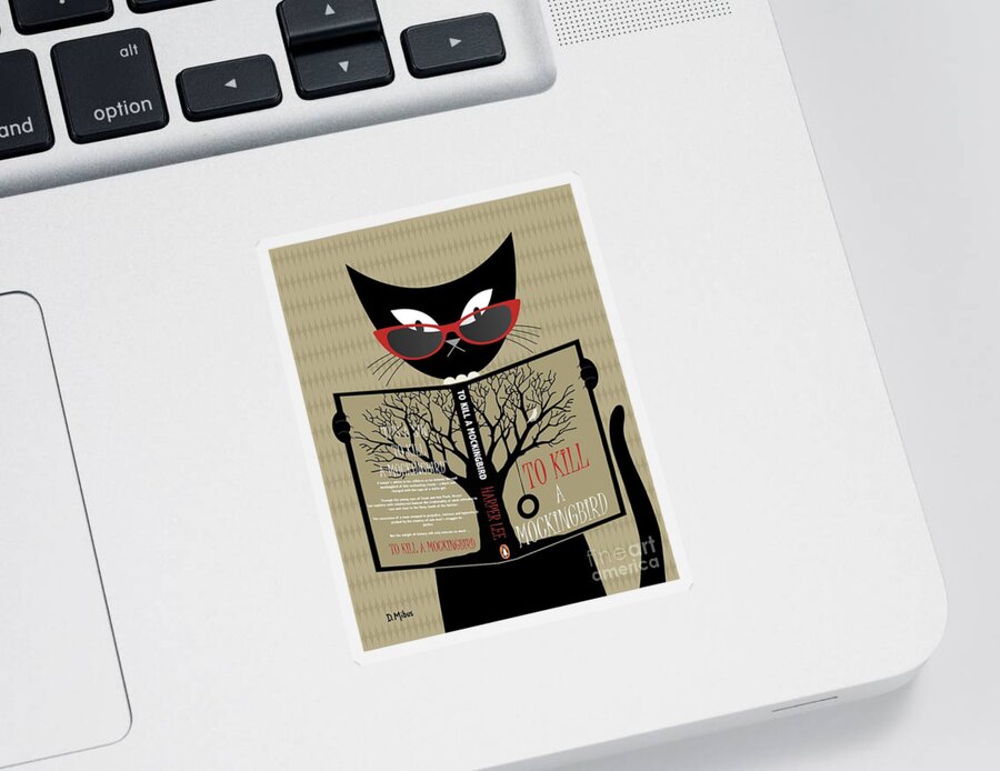 Cat Reads A Book Sticker featuring the digital art Black Cat Reads a Book by Donna Mibus