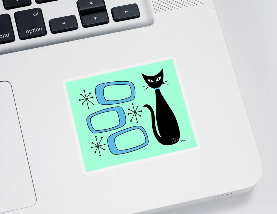 Mid Century Cat Sticker featuring the digital art Black Cat with Mod Oblongs Aqua by Donna Mibus