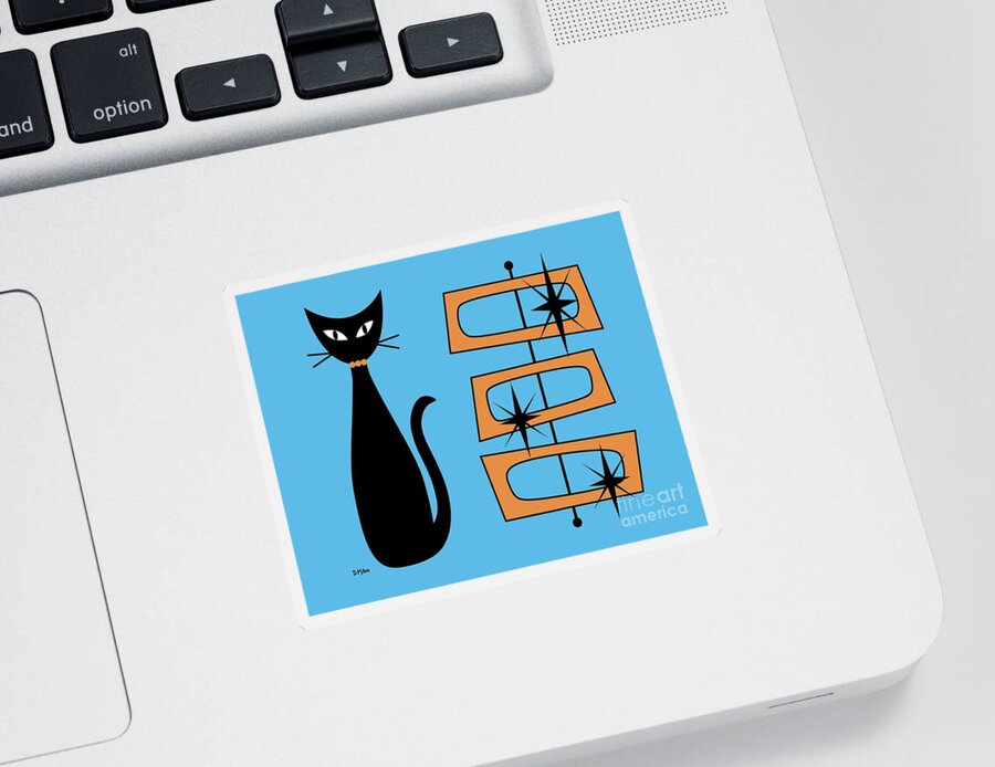 Mid Century Cat Sticker featuring the digital art Black Cat with Mod Rectangles Blue by Donna Mibus