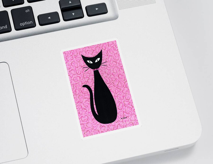Mid Century Modern Black Cat Sticker featuring the mixed media Black Cat with Pink Rhinestone Collar by Donna Mibus