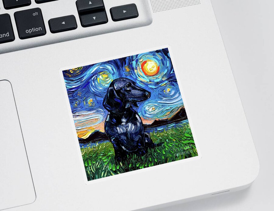 Black Dachshund Sticker featuring the painting Black Dacshund by Aja Trier