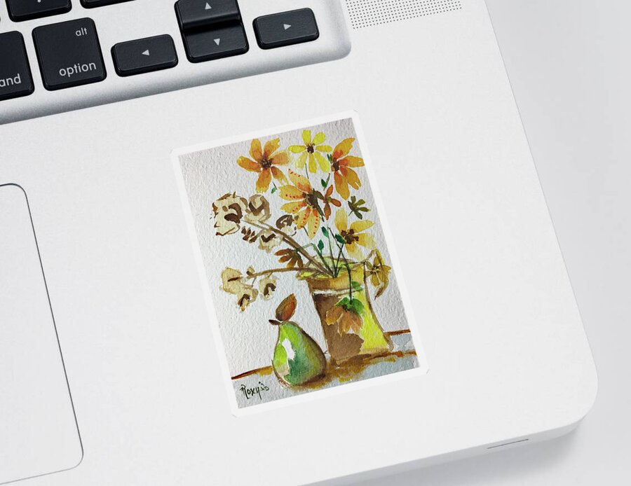 Still Life Sticker featuring the painting Black eyed Susans and a Pear by Roxy Rich