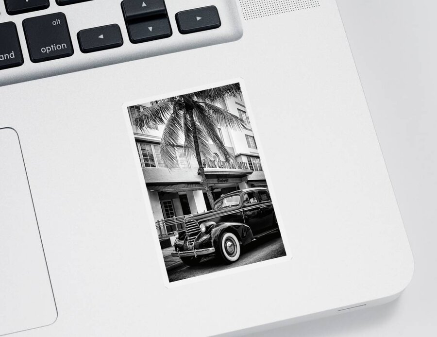 Florida Sticker featuring the photograph Black Florida Series - Miami Beach Classic Car by Philippe HUGONNARD