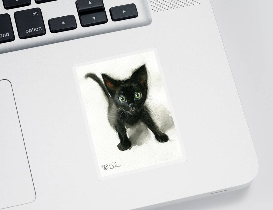Kitten Sticker featuring the painting Black Kitten Painting by Dora Hathazi Mendes