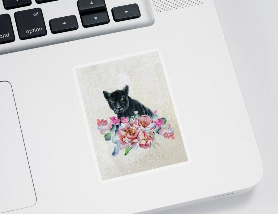 Black Panther Sticker featuring the painting Black Panther With Flowers by Garden Of Delights