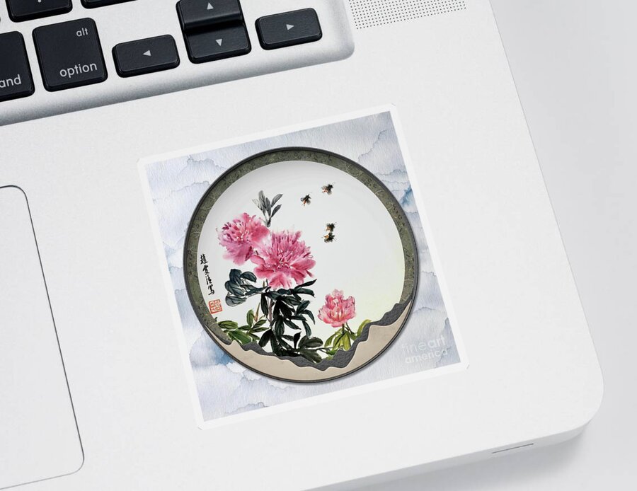 Pretty Sticker featuring the painting Blooming Flowers and Full Moon Brings Longevity by Carmen Lam