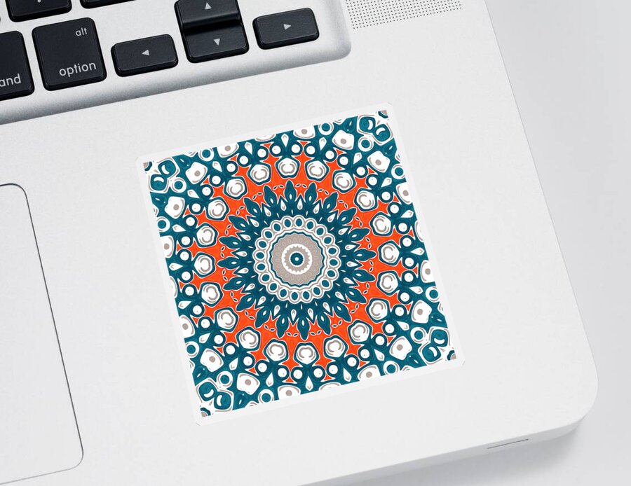 Blue And Orange Sticker featuring the digital art Blue and Orange Mandala Kaleidoscope Medallion Flower by Mercury McCutcheon