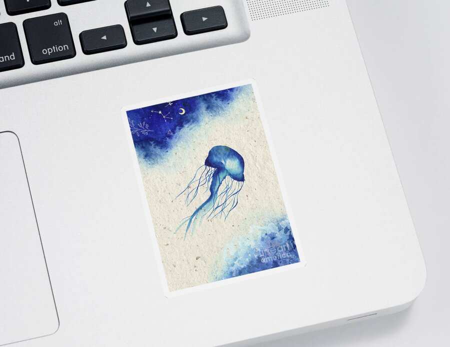 Blue Jellyfish Sticker featuring the painting Blue Jellyfish by Garden Of Delights