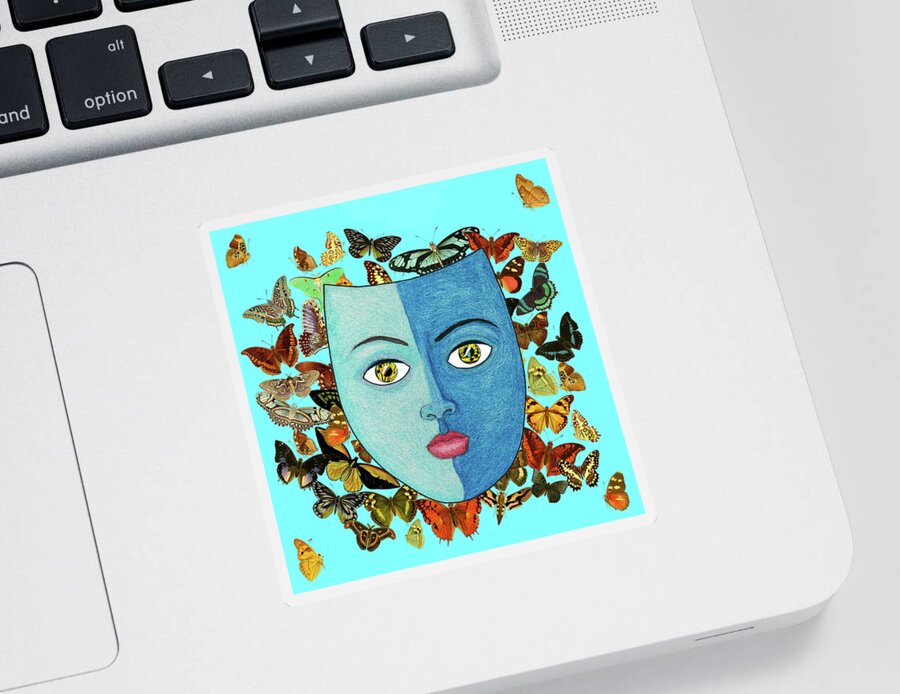 Masks Sticker featuring the mixed media Blue mask on Butterfly swarm by Lorena Cassady