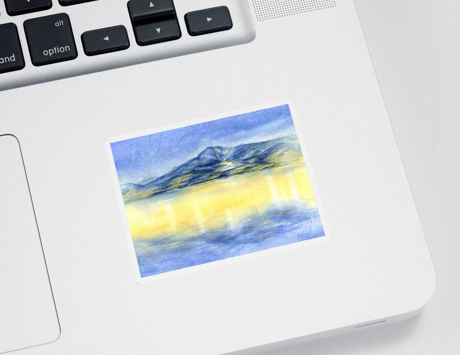 Watercolor Sticker featuring the painting Blue mountain and reflection of sunlight, watercolor by Adriana Mueller