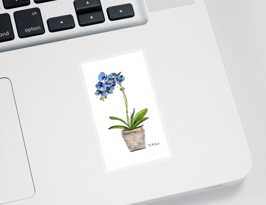 Blue Mystique Orchids Sticker featuring the painting Blue Mystique Orchids in Wood Planter by Donna Mibus
