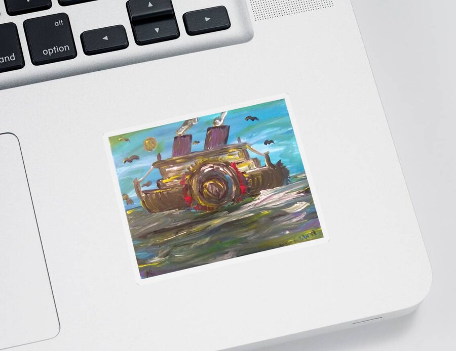 Boats Sticker featuring the painting Blue Paddleboat Steam Wheeler by Andrew Blitman