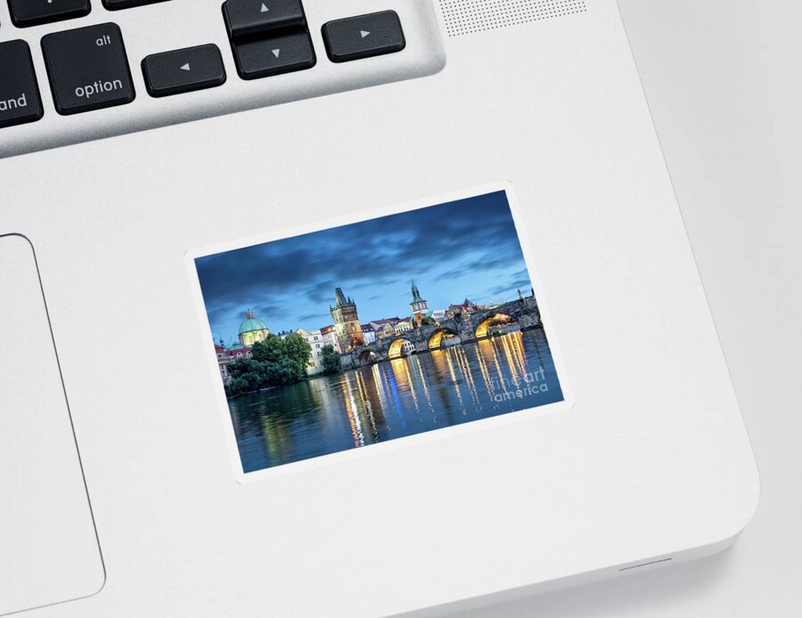 Prague Sticker featuring the photograph Blue Prague, Charles bridge at night by Delphimages Photo Creations