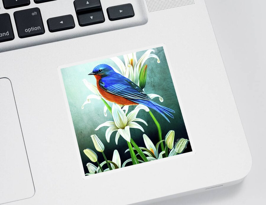 Eastern Bluebird Sticker featuring the painting Bluebird In The Lilies by Tina LeCour