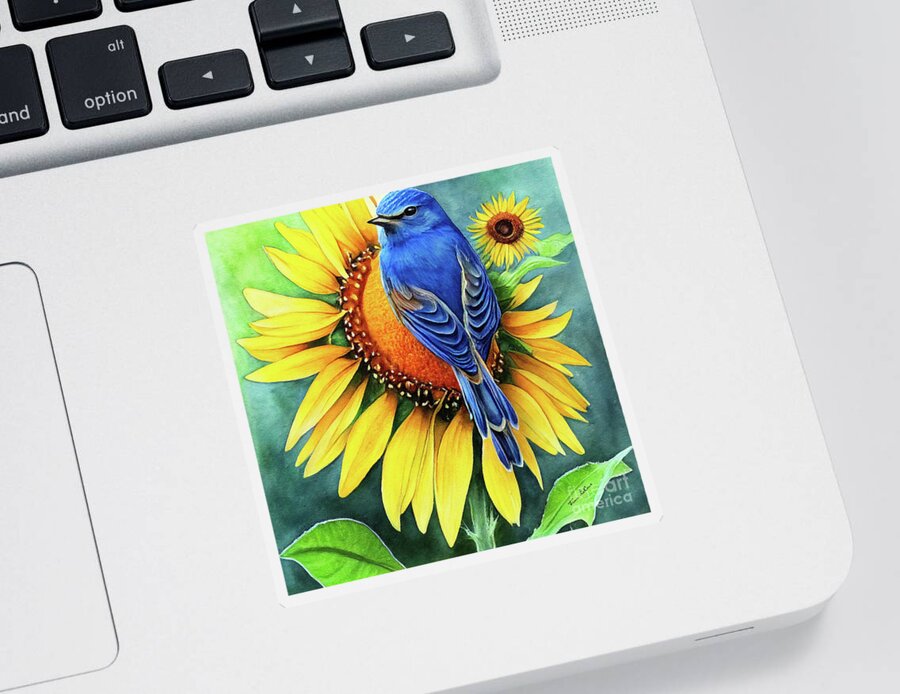 Bluebird Sticker featuring the painting Bluebird On The Sunflower by Tina LeCour