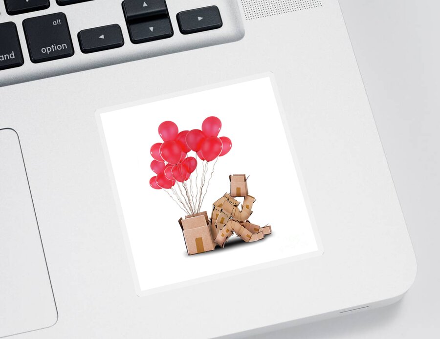 Love Background Sticker featuring the photograph Box character sat thinking with balloons gift by Simon Bratt