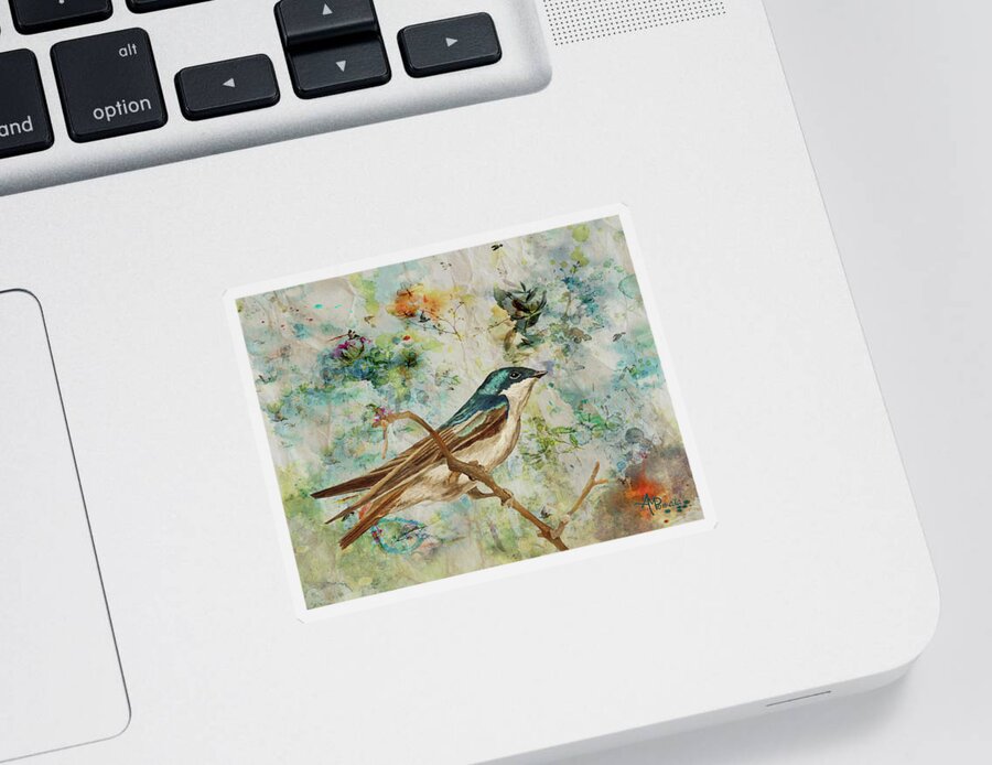Tree Swallow Sticker featuring the painting Bright And Blue by Angeles M Pomata