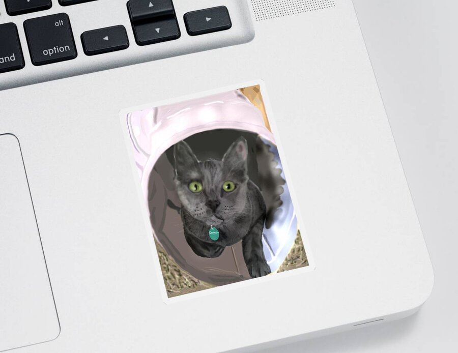 Grey Cat Cat In Tunnel Pencil Sketch Digitally Enhanced Sticker featuring the mixed media Bright eyes by Pamela Calhoun