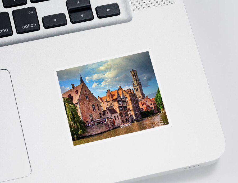 Bruges Sticker featuring the digital art Bruges Canal and Belfry Tower Dry Brush on Sandstone by Ron Long Ltd Photography