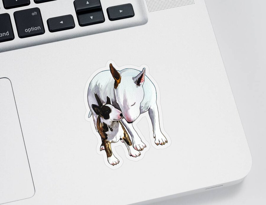 Bull Terrier Sticker featuring the painting Bull Terrier Mom and her Son by Jindra Noewi