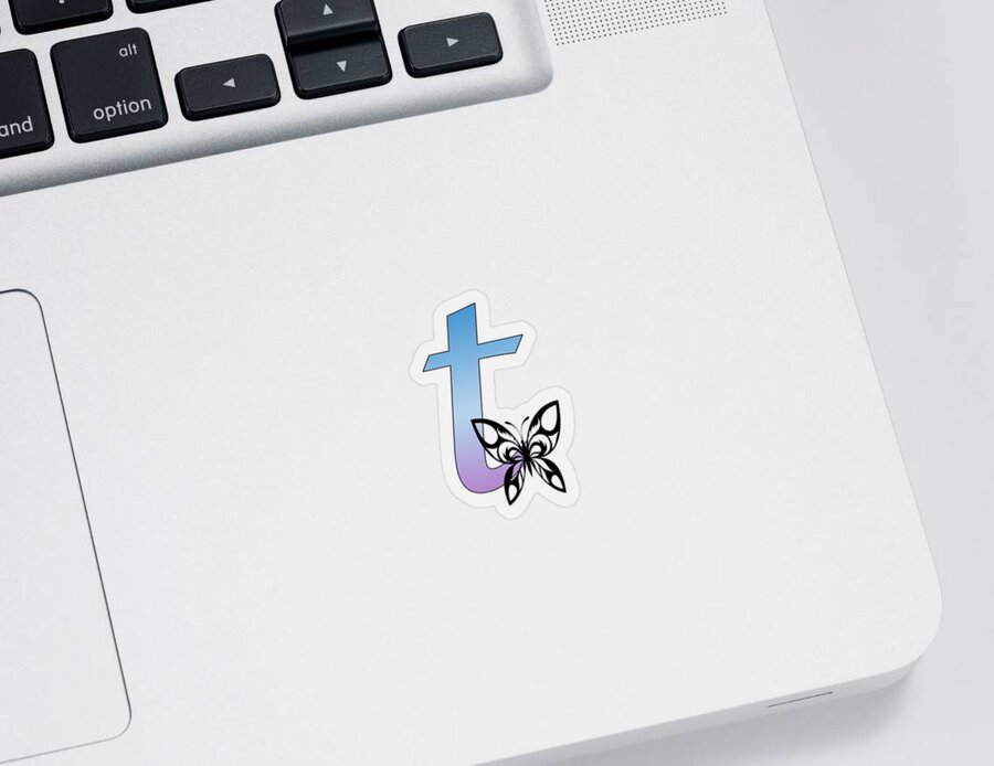 Monogram Sticker featuring the digital art Butterfly Silhouette on Monogram Lower Case t Gradient Blue Purple by Ali Baucom