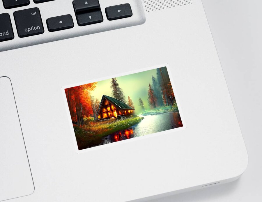 Digital Sticker featuring the digital art Cabin on a River by Beverly Read