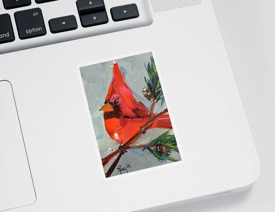 Cardinal Sticker featuring the painting Cardinal in a Fir Tree by Roxy Rich