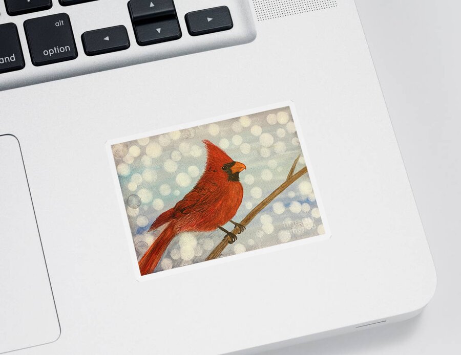 Cardinal Sticker featuring the painting Cardinal in Snow by Lisa Neuman