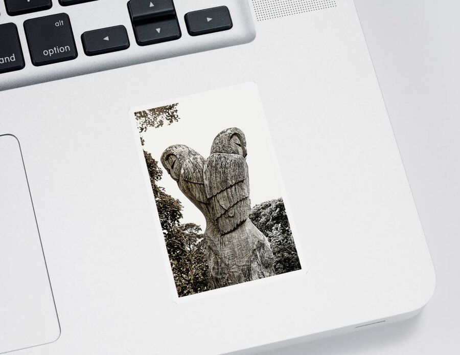 Carved Sticker featuring the photograph Carved Owls Monochrome by Jeff Townsend