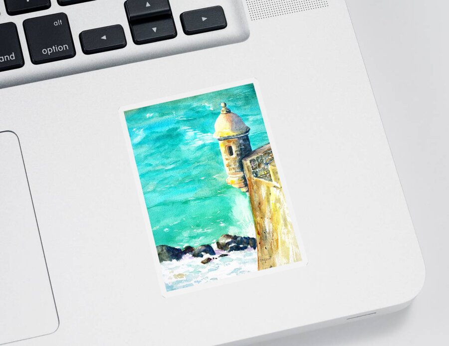 Puerto Rico Sticker featuring the painting Castillo de San Cristobal Ocean Sentry by Carlin Blahnik CarlinArtWatercolor