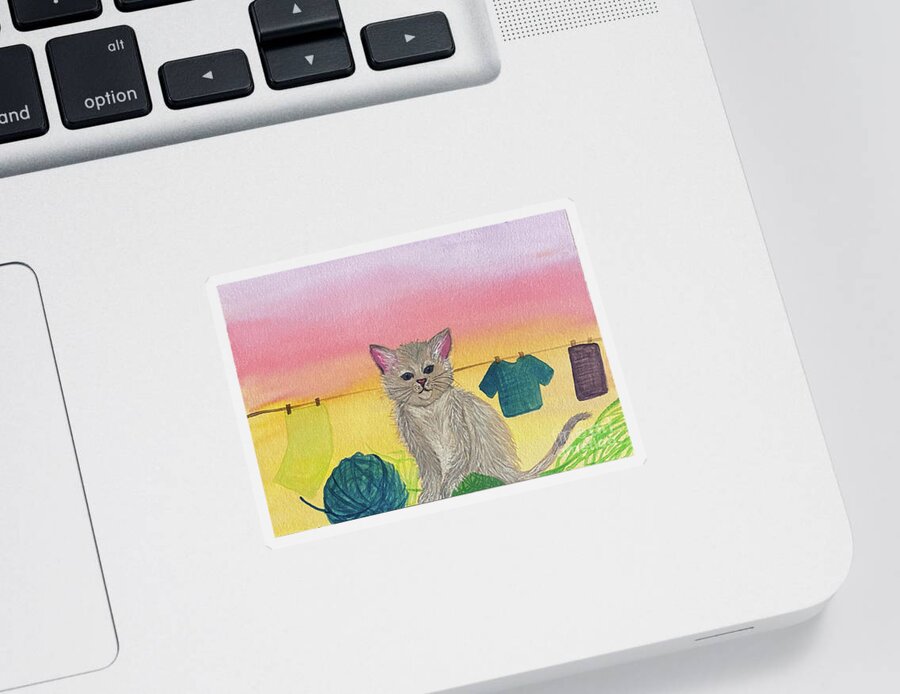 Cat Sticker featuring the mixed media Cat and Yarn by Lisa Neuman