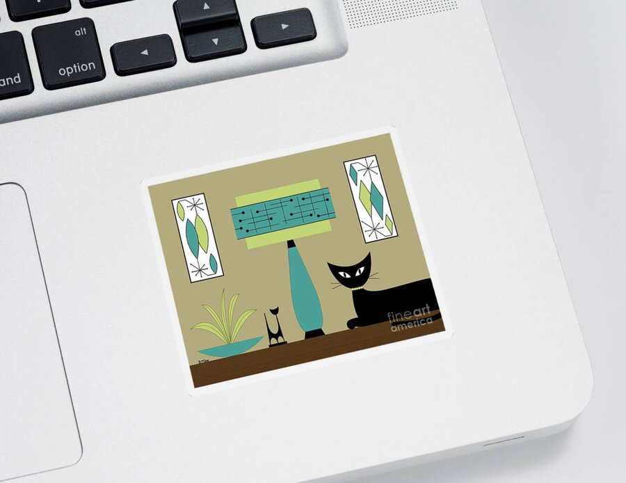 Mid Century Modern Sticker featuring the digital art Cat on Tabletop with Lamp in Teal by Donna Mibus