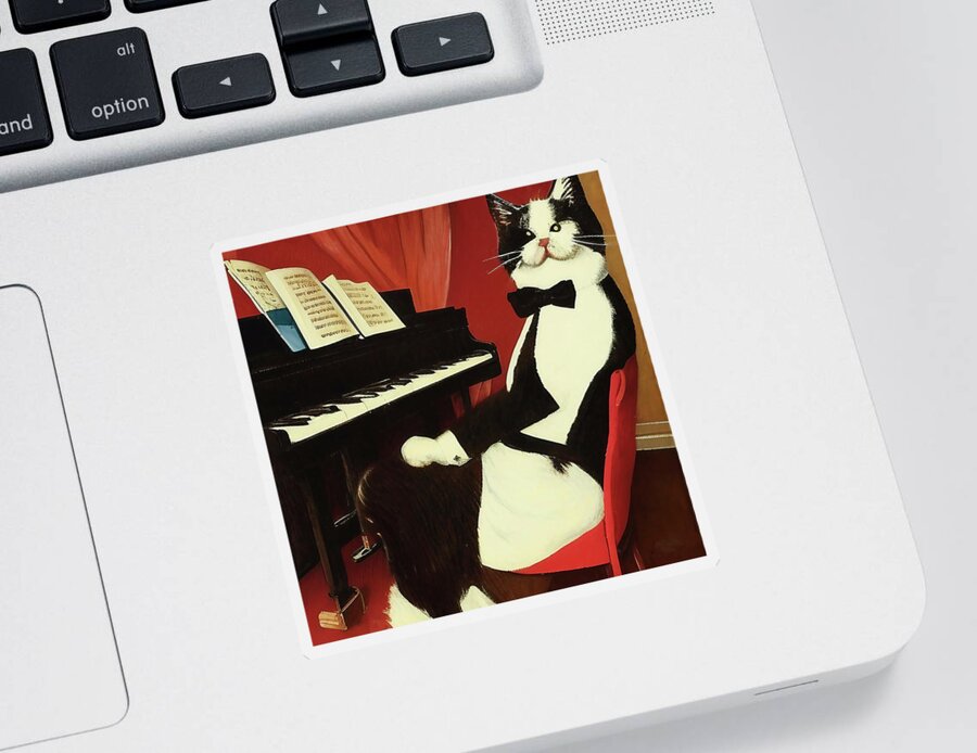 Cat Sticker featuring the digital art Cat Playing the Piano by Caterina Christakos