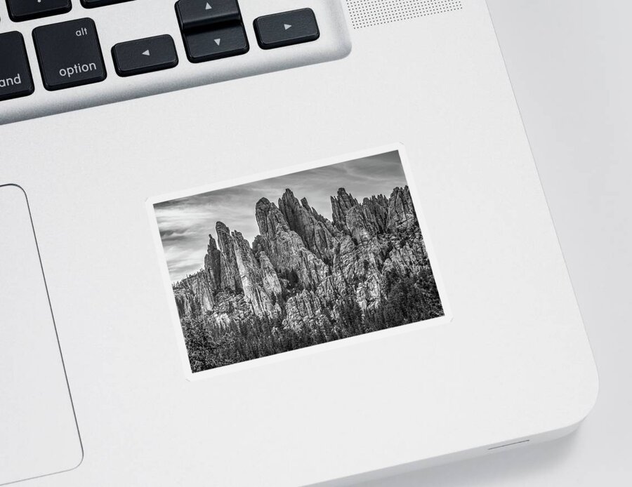 South Dakota Sticker featuring the photograph Cathedral Spires Along The Black Hills Needles Highway - Black and White by Gregory Ballos