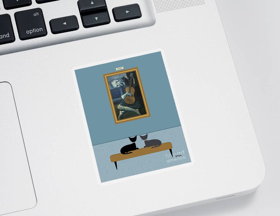 Black Cat Sticker featuring the digital art Cats Admire Picasso Old Guitarist by Donna Mibus