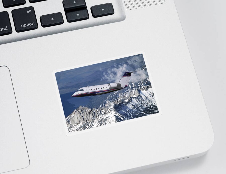 Challenger Business Jet Sticker featuring the mixed media Challenger Corporate Jet over Snowcapped Mountains by Erik Simonsen