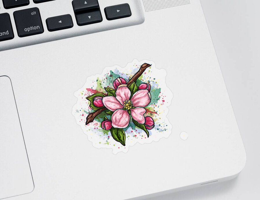 Flower Sticker featuring the painting Cherry blossom painting on black background, pink flower art by Nadia CHEVREL