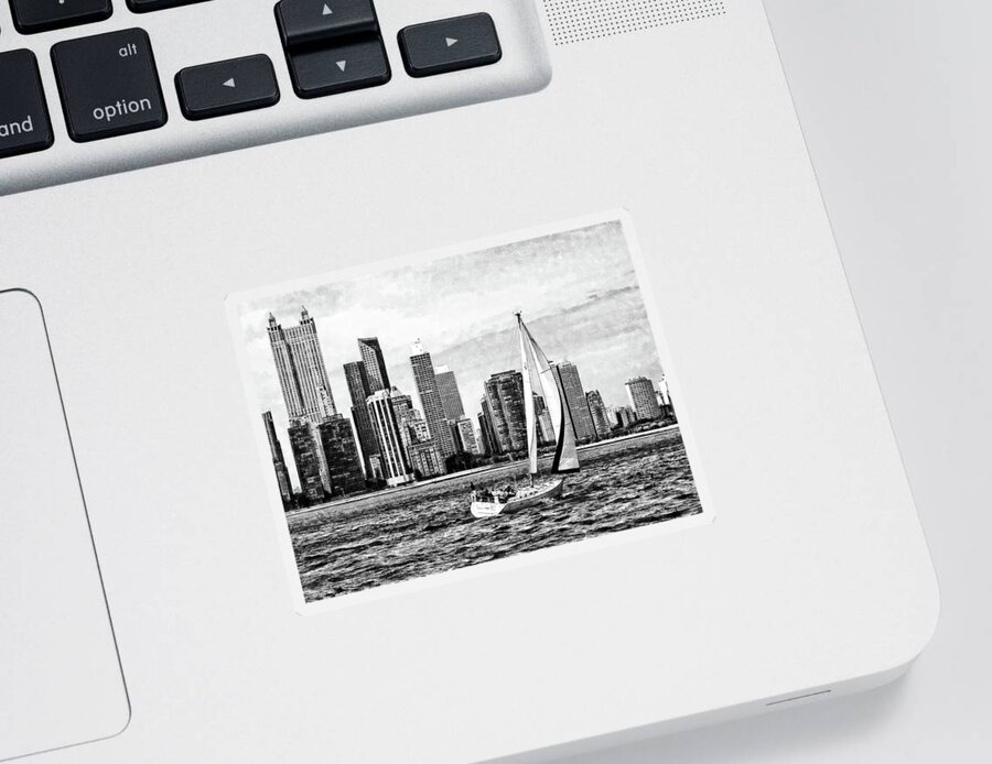 Chicago Sticker featuring the photograph Chicago IL - Sailboat Against Chicago Skyline Black and White by Susan Savad