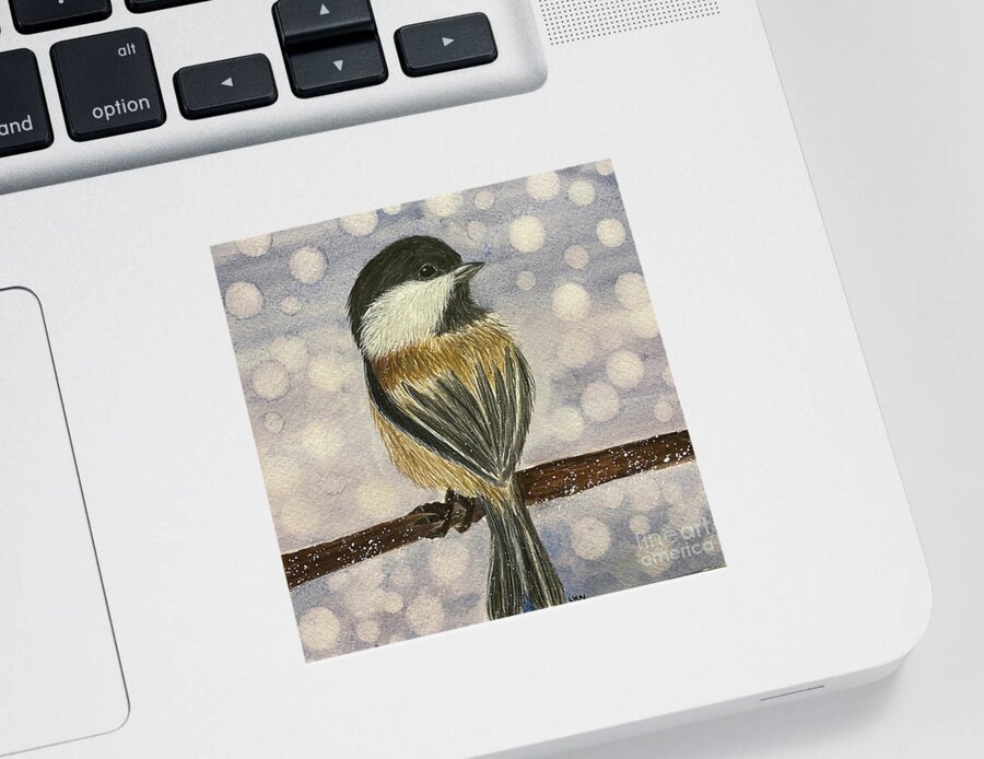 Chickadee Sticker featuring the painting Chickadee In Snow by Lisa Neuman