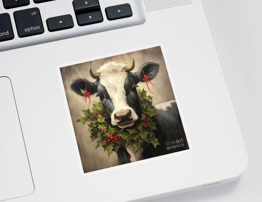 Cow Sticker featuring the painting Christmas Clara by Tina LeCour